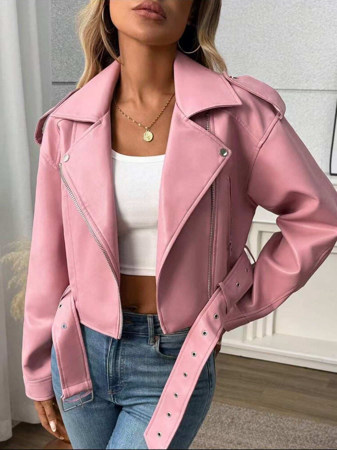 Vintage Lapel Slim-Fit Short PU Leather Jacket Womens Biker Jacket