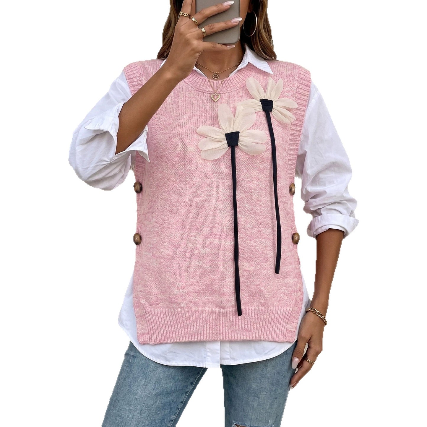 New Fallwinter Womens Knitted Patchwork Vest With A Round Neckline And Solid Color