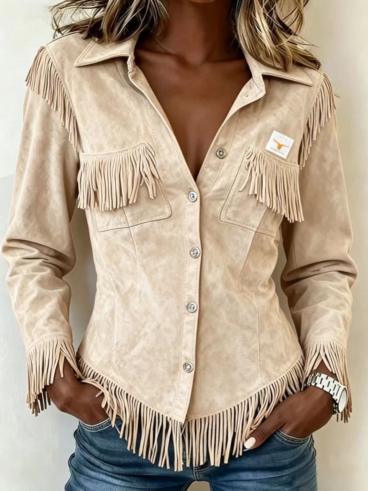 Autumn New Brown European And American Style Suede Tassel Long Sleeve Cardigan Women's Jacket Cross-Border Women's Jacket