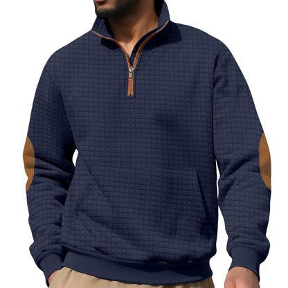 Cross-border Amazon Men's Autumn & Winter Half-Zip Suede Jacquard Small Check Long-Sleeve Stand Collar Casual Sweatshirt