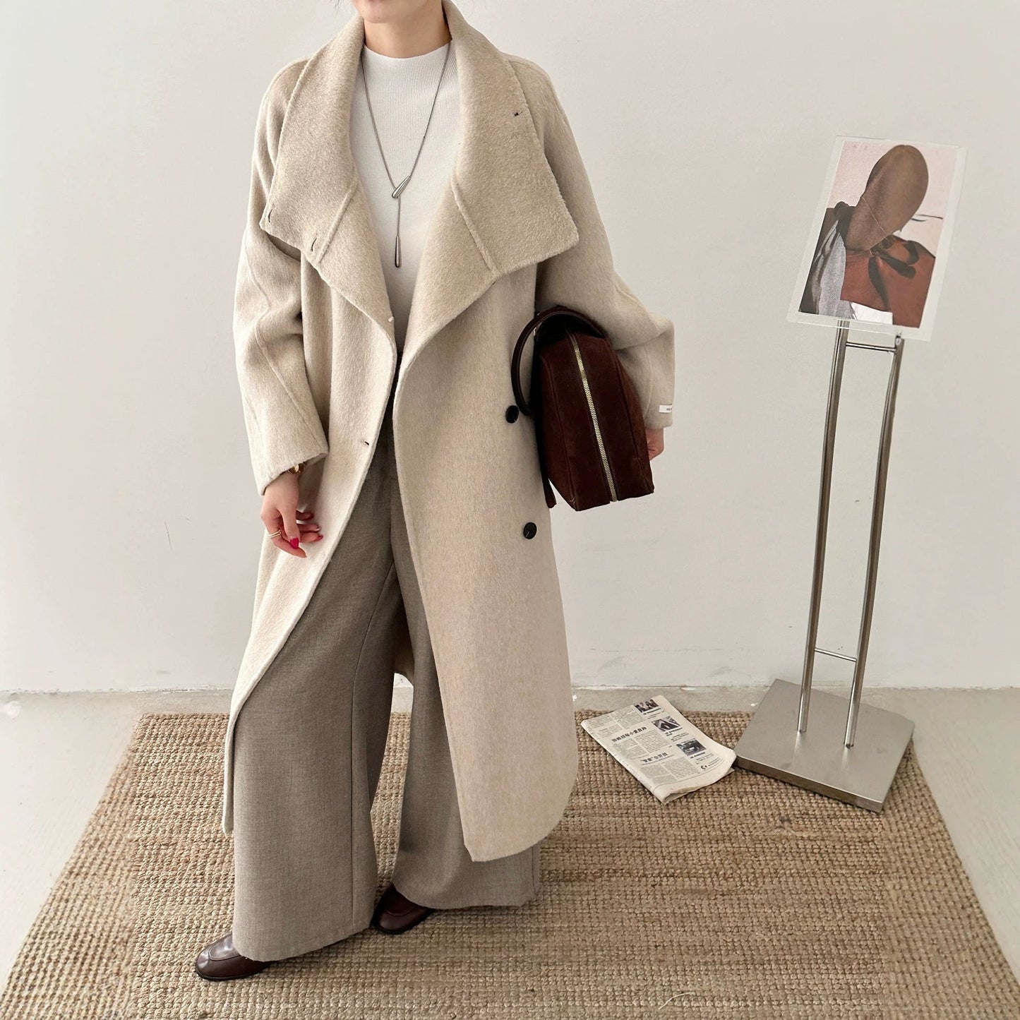 Womens Knee-length Oversized Double-faced Wool Coat