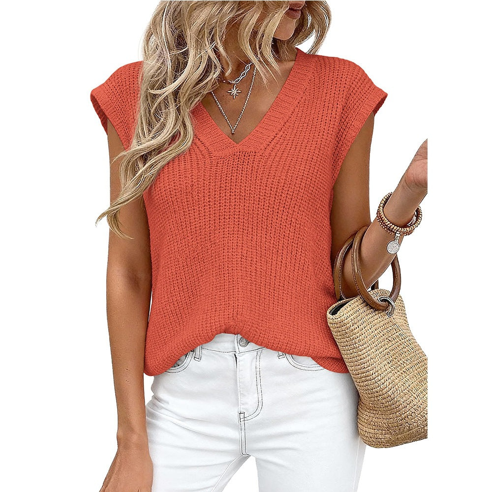 New Cross-Border European And American Women's Fashion Amazon Tk Hot-Selling Women's V-Neck Casual Top Short-Sleeve Chunky Knit Sweater