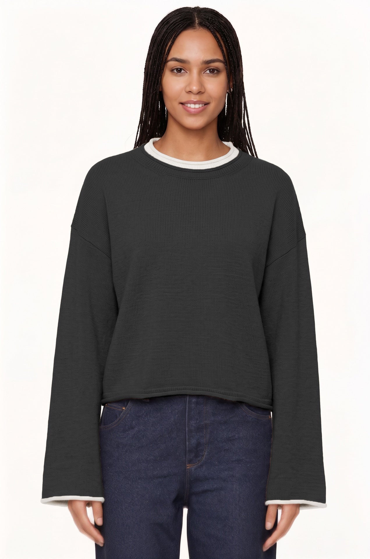 Womens Pullover Sweater Loose-Fit Round-Neck Casual Knit Top