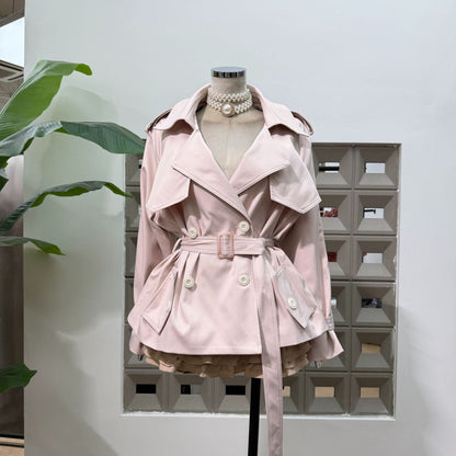 Pink Casual Sweet-and-cool Trench Coat With A Turn-down Collar Double-breasted Front And A Fitted Waist