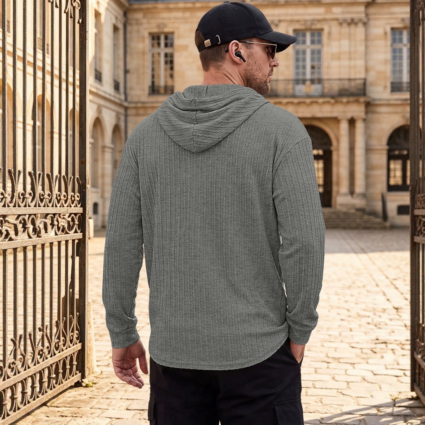 Textured Cable Knit Hooded Polo Shirt For Men, Spring & Autumn Cross-border Independent Station Item, Loose Quick-Dry Casual Knit Sweatshirt For Foreign Trade