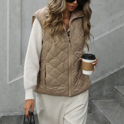 Womens Zippered Vest With Stand Collar Sleeveless Waistcoat