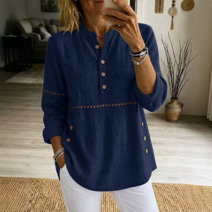 New Autumn And Winter Women's Clothing  Stand-up Collar Half-open Front Long-sleeved Top With Side Button Closure Loose Fit Casual Solid Color