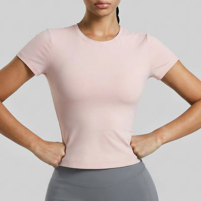 Juyitang Basic Round Neck Short-Sleeved Yoga Wear For Women, Tight-Fitting, Quick-Drying Fitness Top, Slimming Look, Breathable Sports T-Shirt