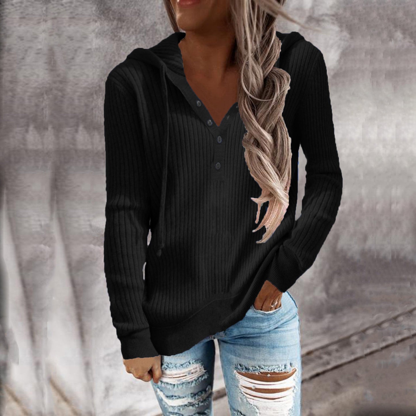 Women Ribbed Knit Hoodie Top Henley Half Button Drawstring Long Sleeve Casual Pullover Blouse