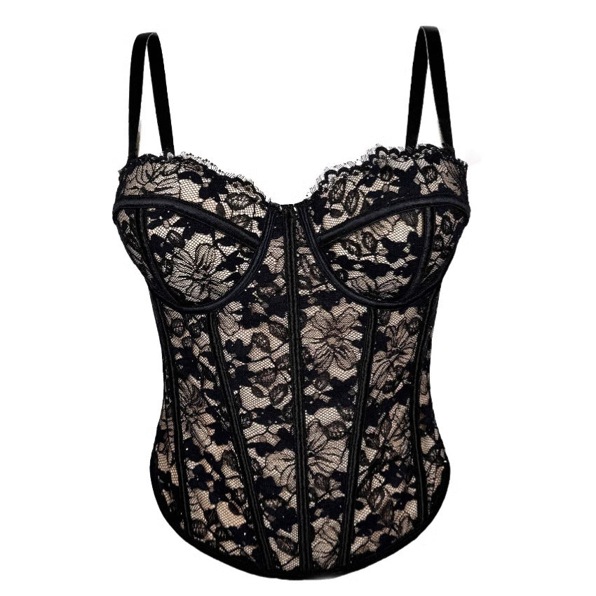 New Cross-border European And American Spice Girls Black Lace Inner Strap High-end Outer Wear Body Shaping Push-up Fishbone Bra