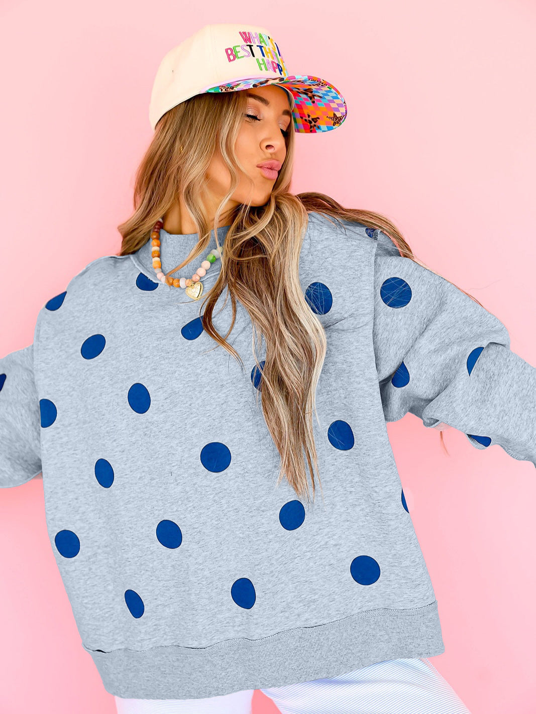 Womens Relaxed-fit Casual Polka-dot Printed Mock-neck Sweatshirt