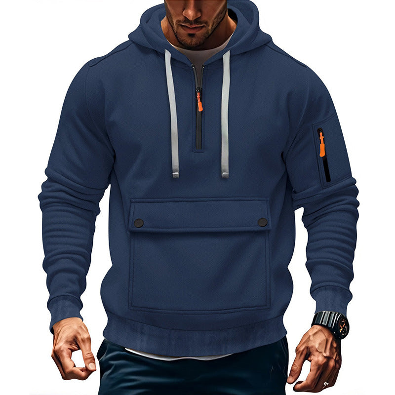 Mens Hooded Sweatshirt Jacket With Zippered Sleeves And Large Pockets