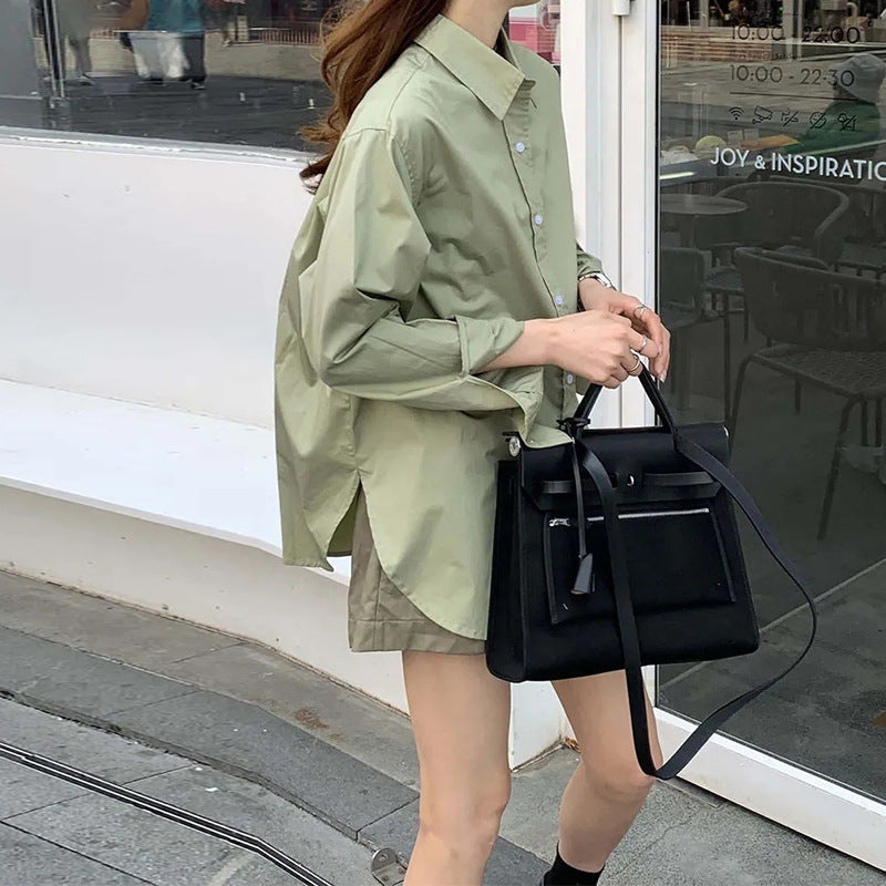 Spring Autumn Long Sleeve Thin Shirt And PU Jacket Two Piece Set