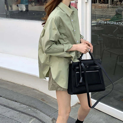 Spring Autumn Long Sleeve Thin Shirt And PU Jacket Two Piece Set