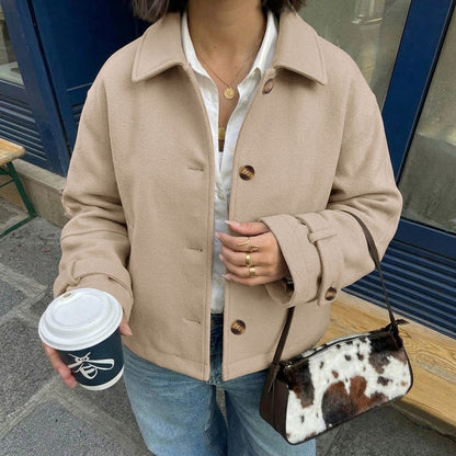 Straight-cut Cropped Lapel Wool Coat For Women