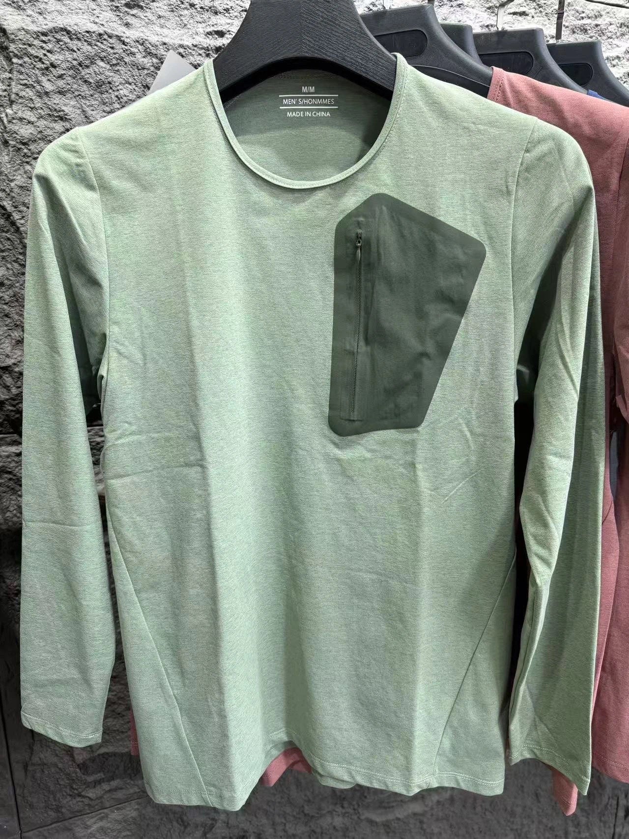 Men's Crew Neck Long Sleeve T-Shirt, Cotton Feel Moisture Wicking Quick Dry Athletic Shirts, Outdoor Hiking Tops With Seam Sealed Zipper Chest Pocket For Fall