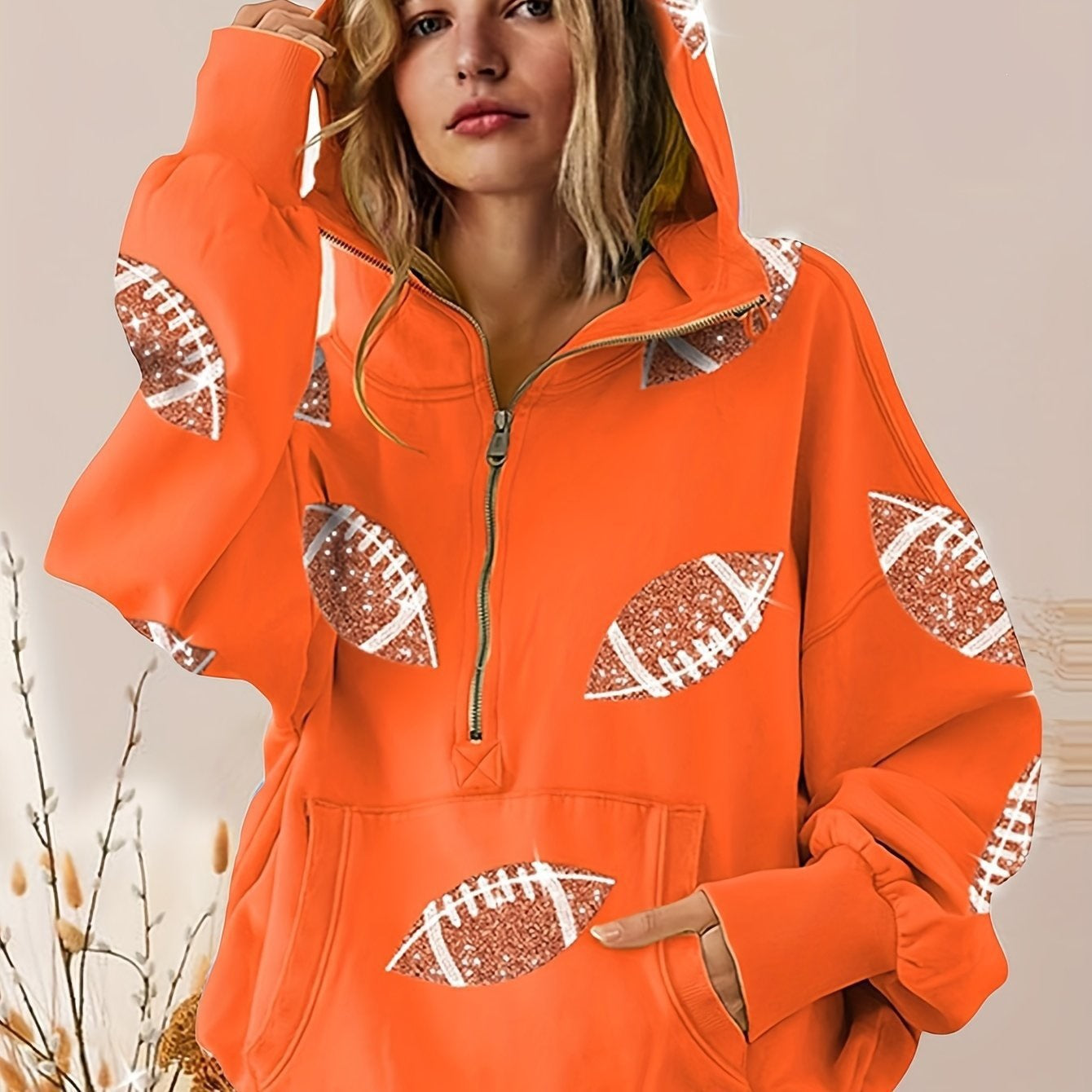 Football Digital Print Hoodie With Long Sleeves And A Zipper
