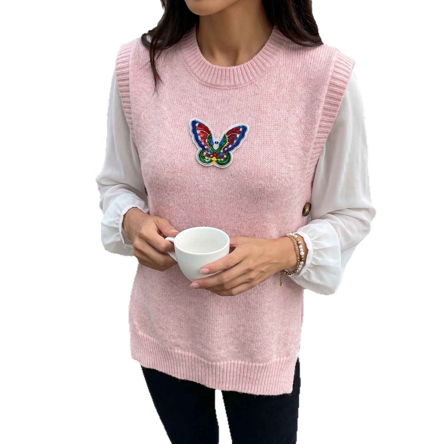 Knitted Women's Jacket Round-Neck Sequin Butterfly Vest