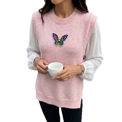 Knitted Women's Jacket Round-Neck Sequin Butterfly Vest