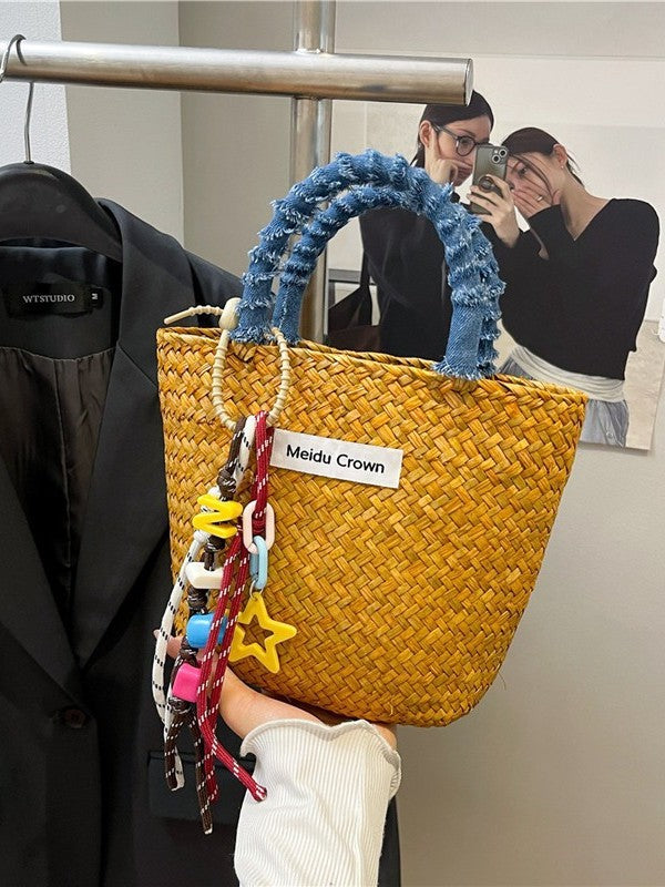 Color-block Minimalist Straw Beach Bag Wicker Basket Tote
