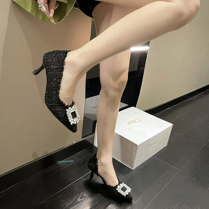 New Minimalist French Pointed Toe Pumps, Stiletto Rhinestone Women Fashion Shoes
