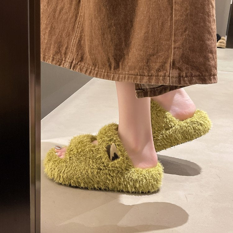 Women's Minimalist Furry Slippers For Outdoor Wear, 2026 Autumn Winter New Arrival, Korean Style Lightweight Platform Women's Shoes, Stylish Single-Strap Cotton Slippers