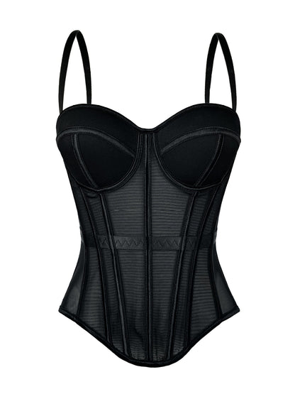 European And American Pure Color Fashionable Fishbone Bra, Waist Slimming Look Mesh Camisole With Breast Pads, Fishbone Top For Outer Wear