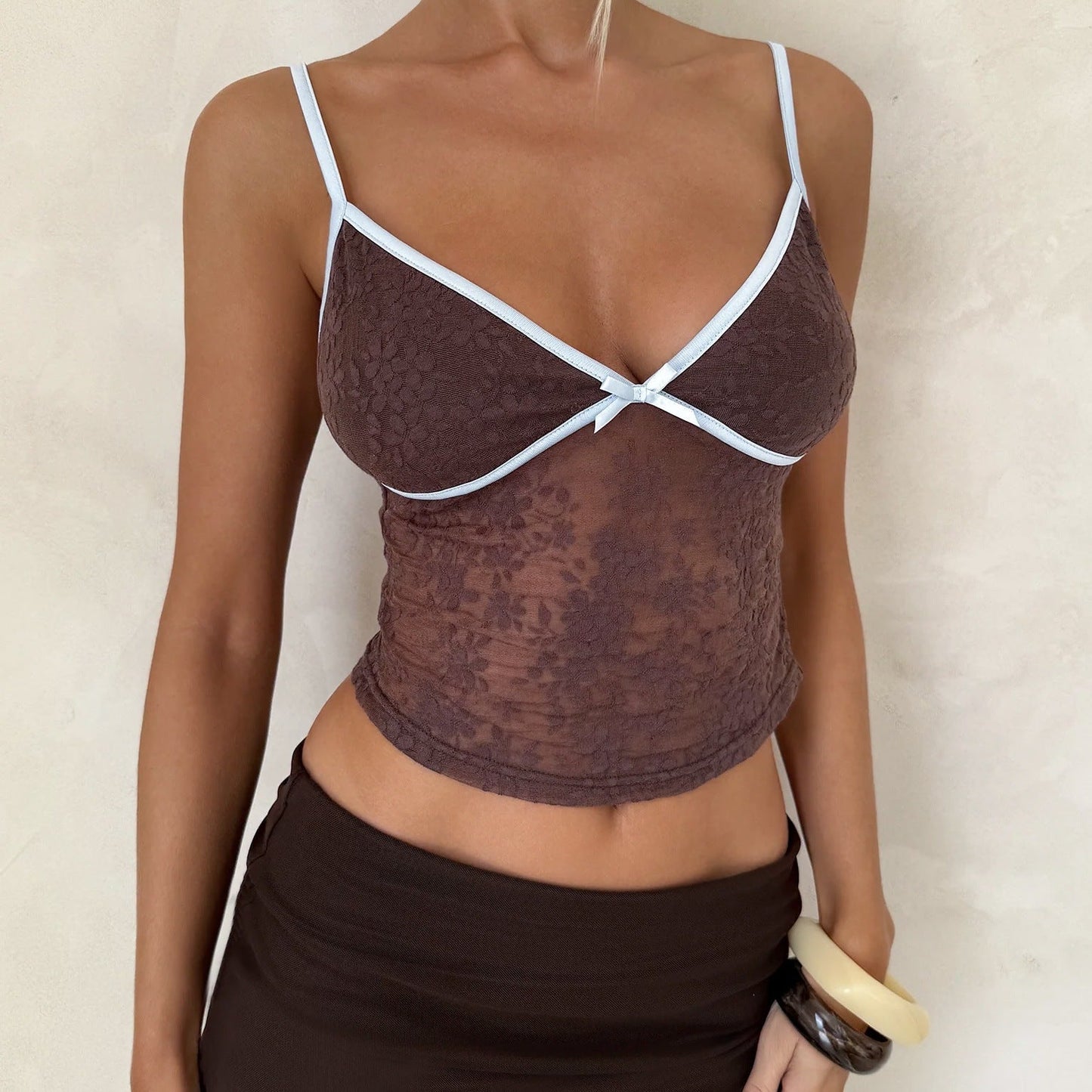 Lace Bow-Embellished Seam-Spliced Petite Sexy V-Neck Colorblock Vest