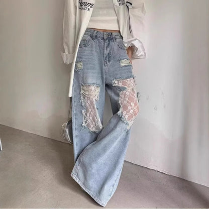 Women's Vintage Lace Stitching Ripped Jeans