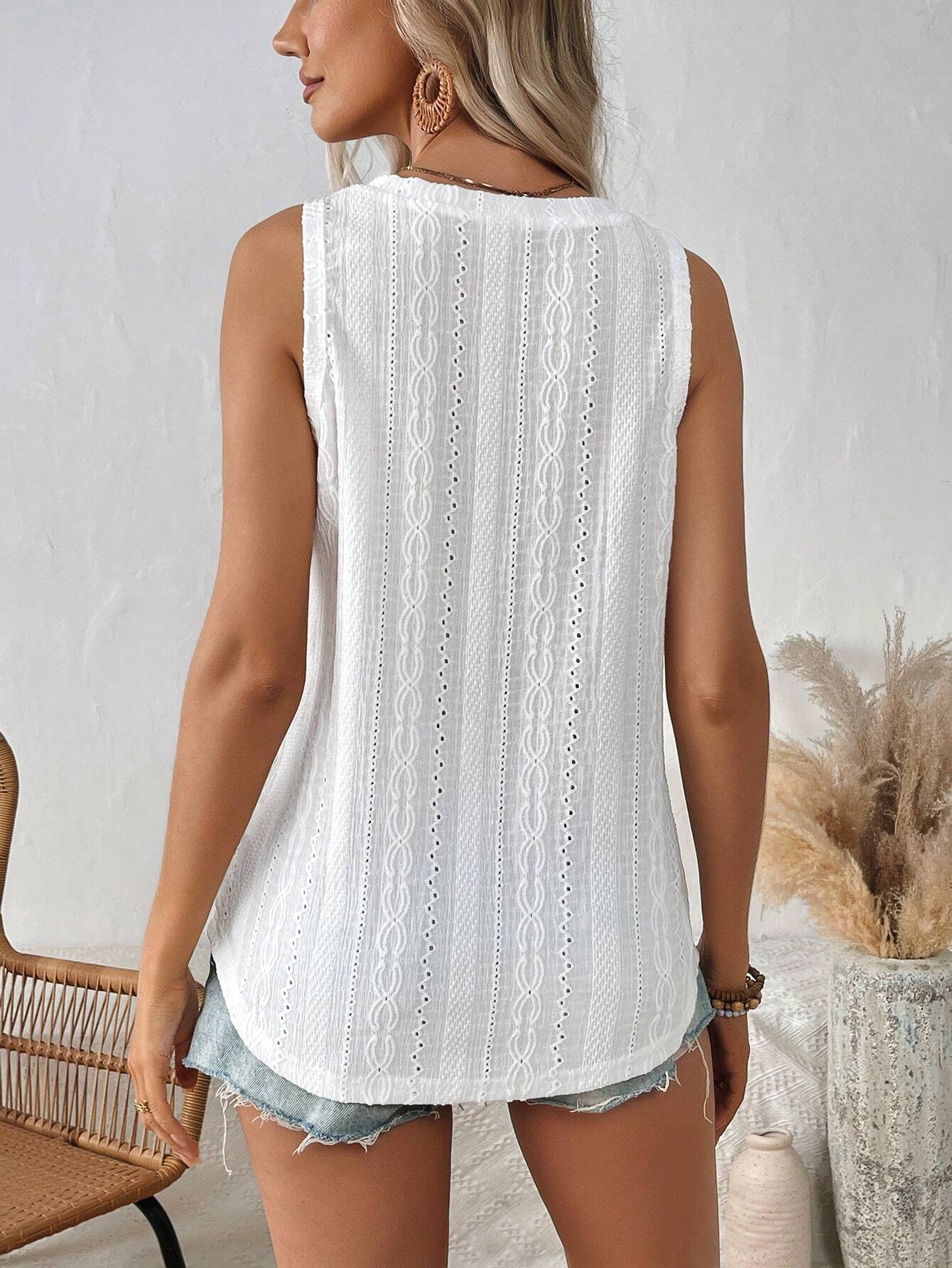 Women Summer Hollow Jacquard Tank Top, Fashion V Neck Sleeveless Vest, Casual Knit Camisole