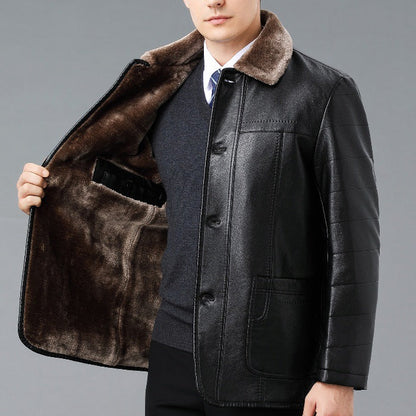 Genuine Leather And Fur One-piece Overcoat With A Lapel Lined With Fleece For Extra Warmth