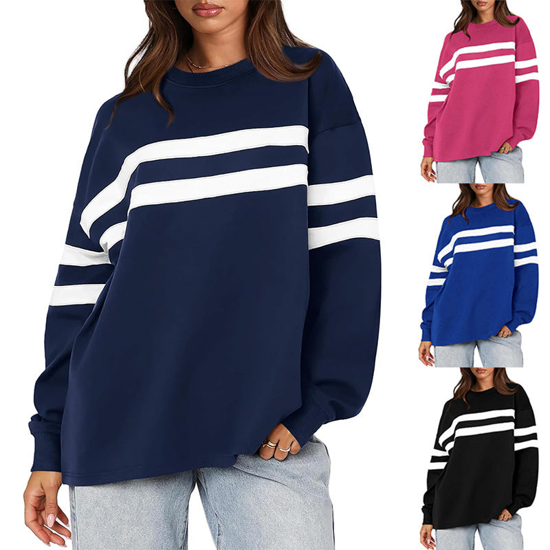 Fashionable Womens Fallwinter Casual Patchwork Striped Sweatshirt