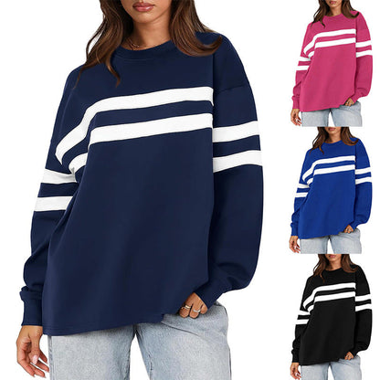 Fashionable Womens Fallwinter Casual Patchwork Striped Sweatshirt