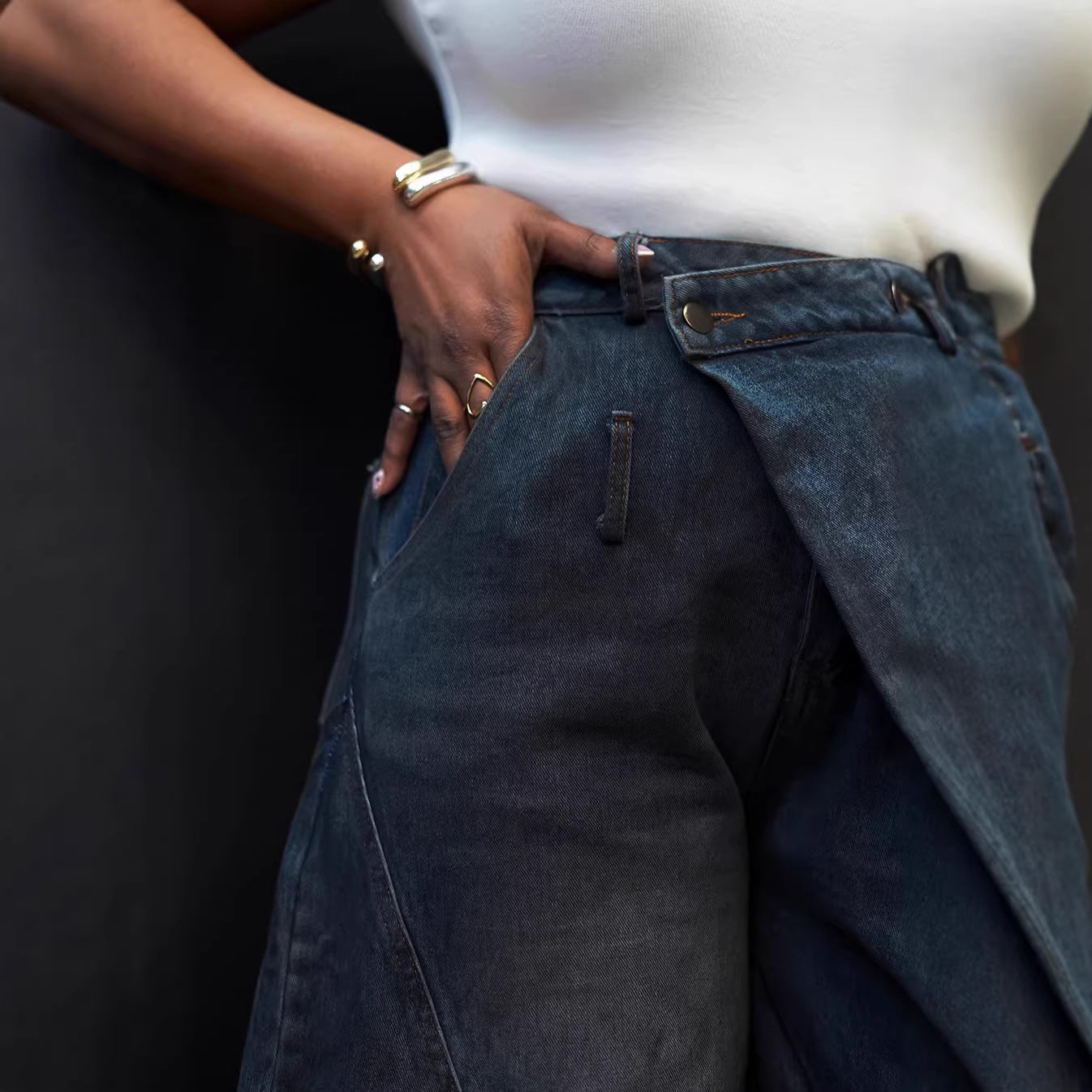 New-style Retro Distressed Washed Womens Jeans With An Inverted Waistband