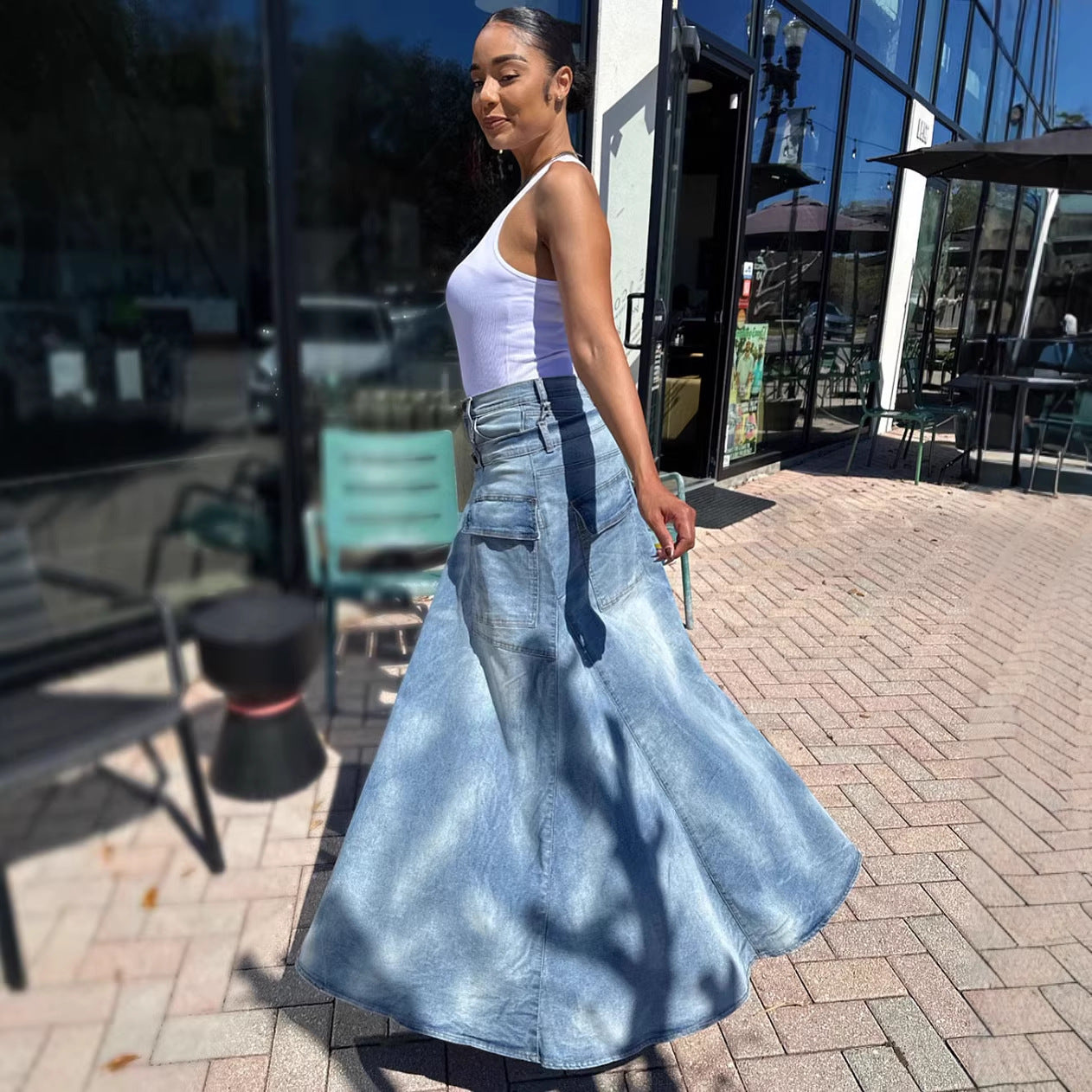 Womens Faux Two-piece Denim Jean Skirt