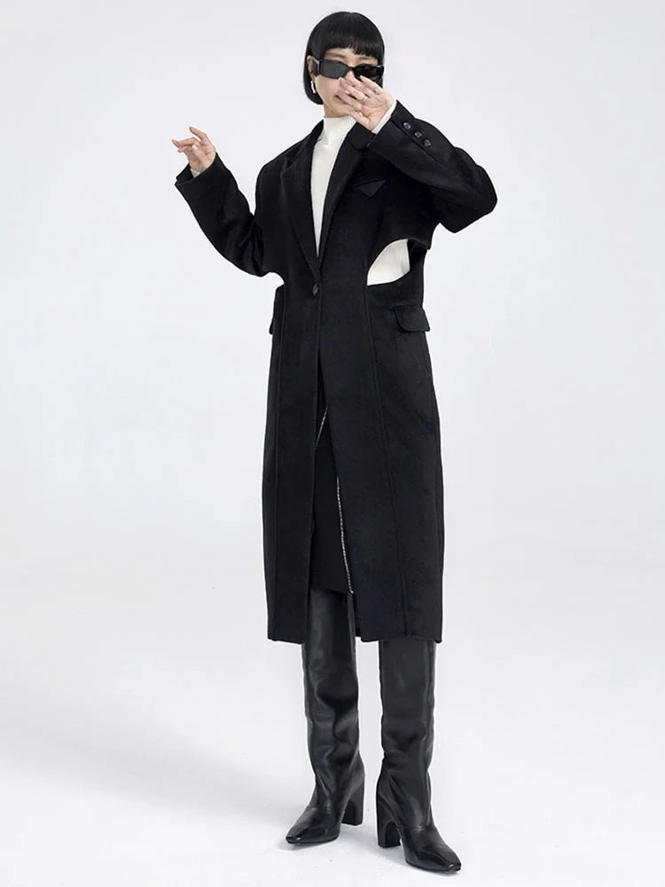 Fake Two-piece Hollow-out Long Wool Coat