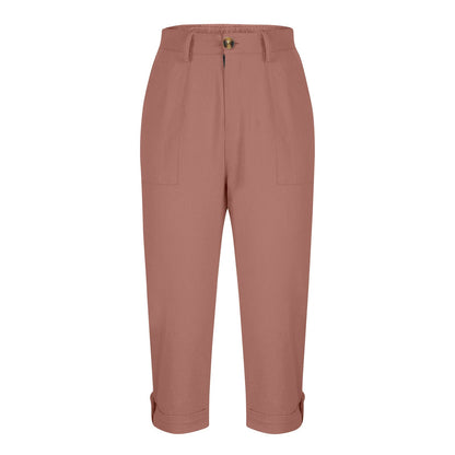 Womens Solid-color Buttoned Roll-up Capri Pants
