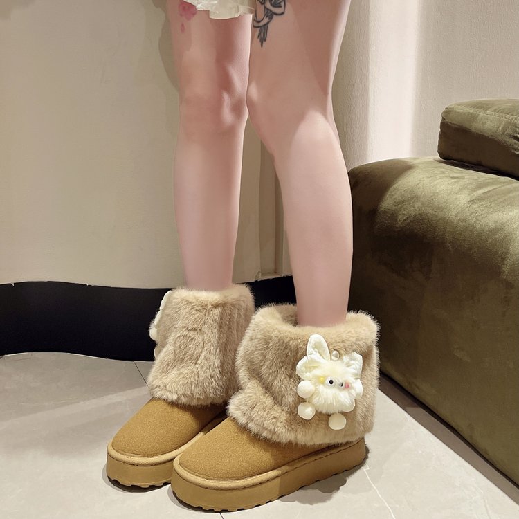 Women's Euro-American Style Platform Snow Boots, Plus Size Winter Fleece Lined Fur Trim Versatile Cotton Boots