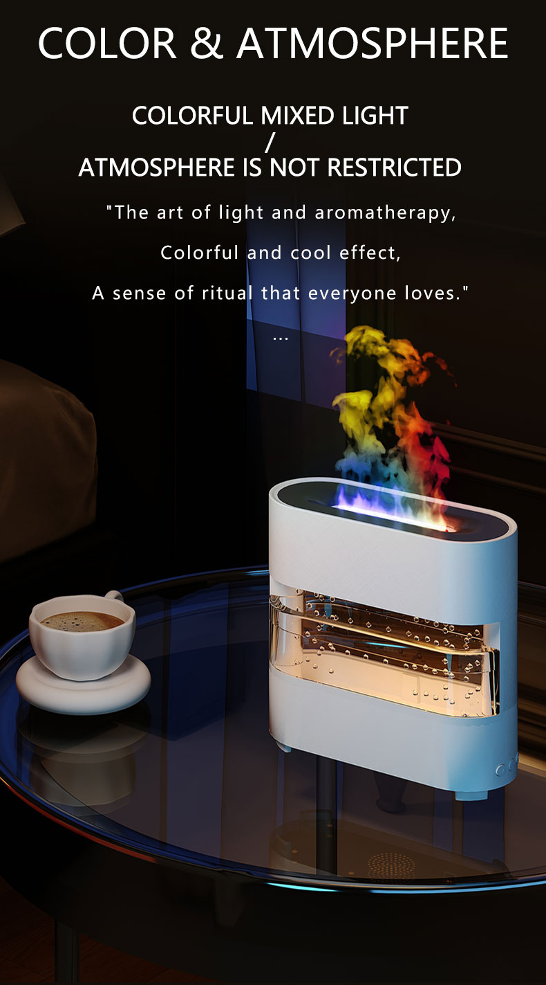 Modern toaster on a glass table with colorful smoke effect in a dimly lit room.