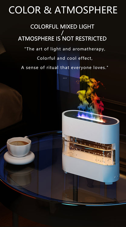 Modern toaster on a glass table with colorful smoke effect in a dimly lit room.