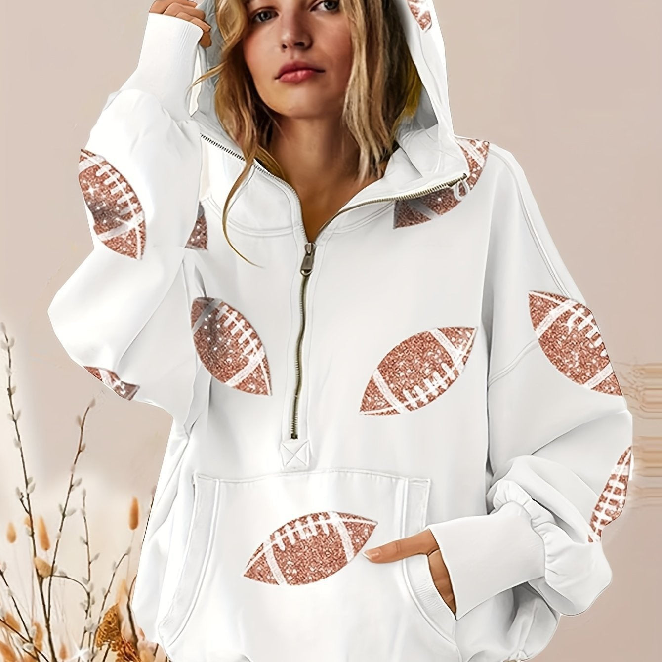 Football Digital Print Hoodie With Long Sleeves And A Zipper