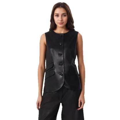 Black Single-Breasted Leather-Look Womens PU Leather Vest