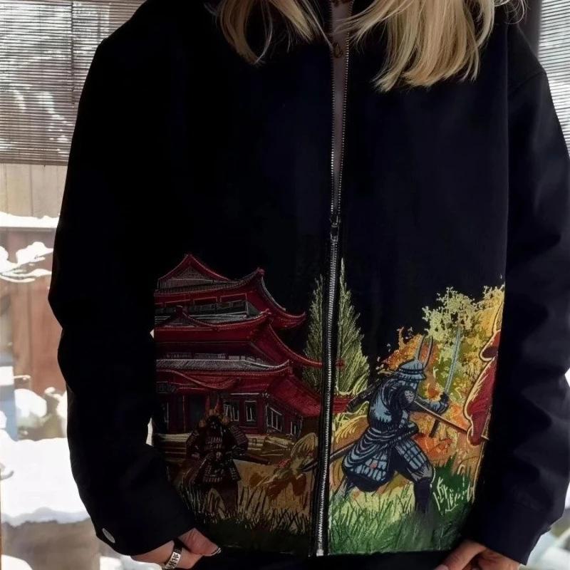 Heavy-duty Embroidered Lapel Zip-up Jacket