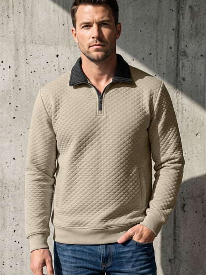 Mens Diamond-Check Half-Zip Stand-Collar Long-Sleeve Sweatshirt