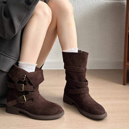 Retro Thick Soled High Rise Slimming Fashionable Lapel Thick Heel Midsole Boots