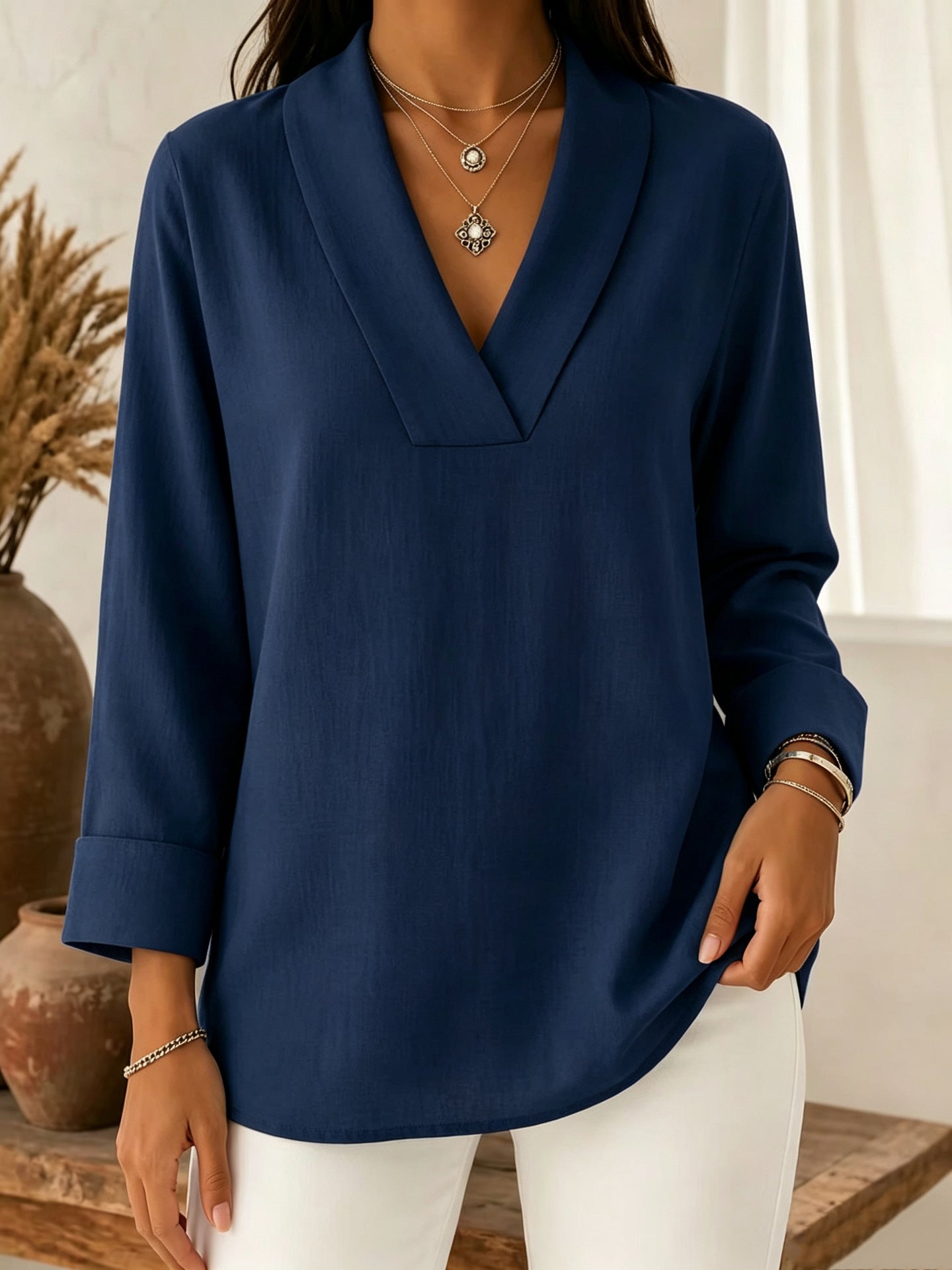 Womens Relaxed-fit Three-quarter-sleeve V-neck Blouse