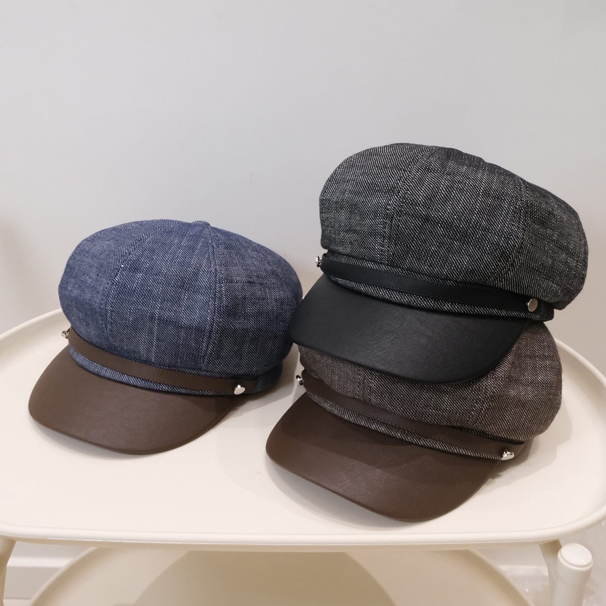 Cross-border Fashion Retro Denim Patch PU Leather Belt Buckle, Newsboy Hat, Casual And Versatile, Artistic Style Painter's Hat