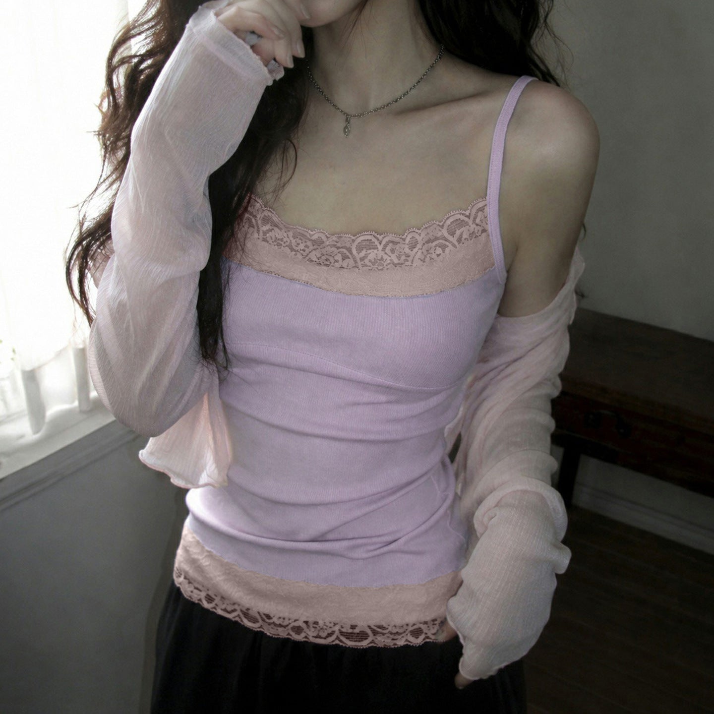 2026 Summer Women's Y2K Hot Girl Pure Desire Lace Trim Color-Block Slim Fit Versatile Tank Top