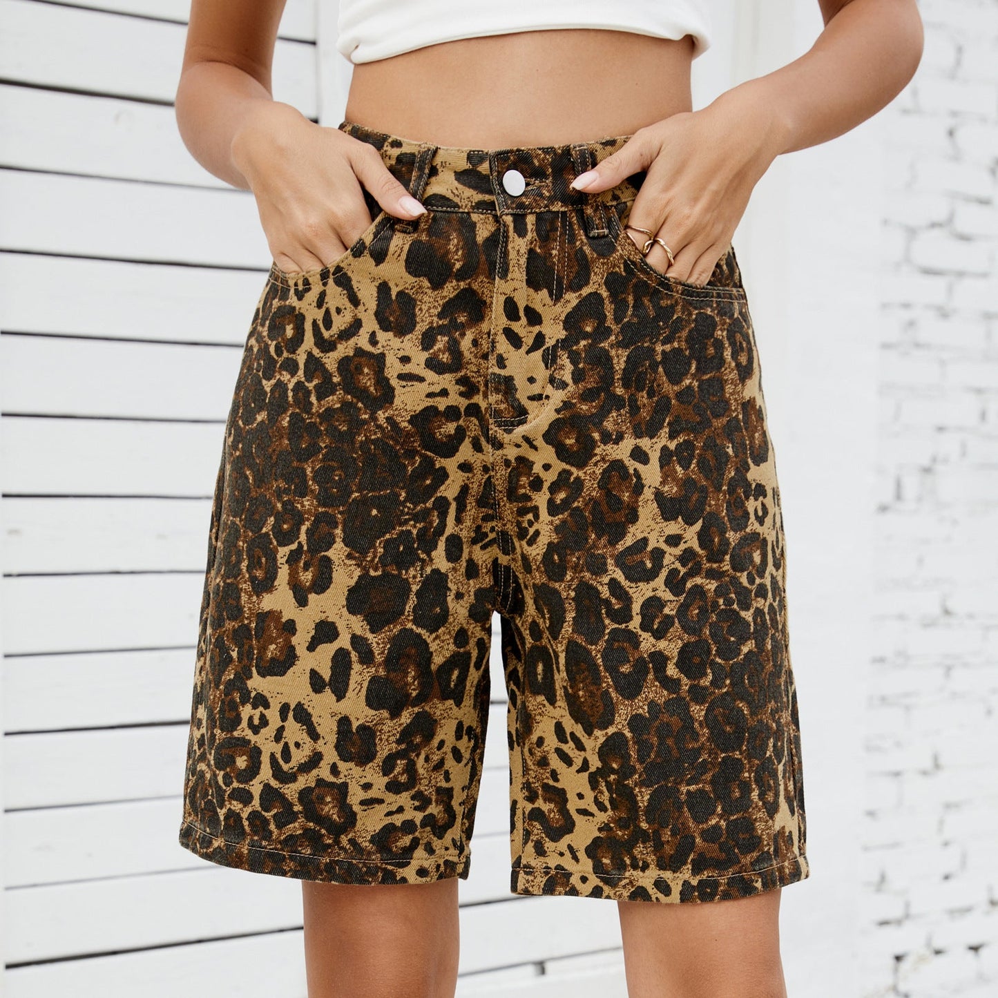 Summer New Washed Casual Retro Leopard-Print Slimming Denim Shorts