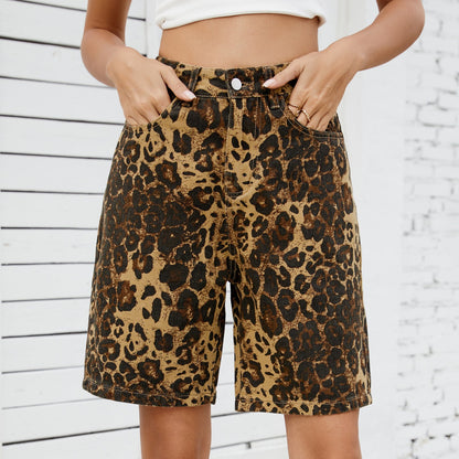 Summer New Washed Casual Retro Leopard-Print Slimming Denim Shorts